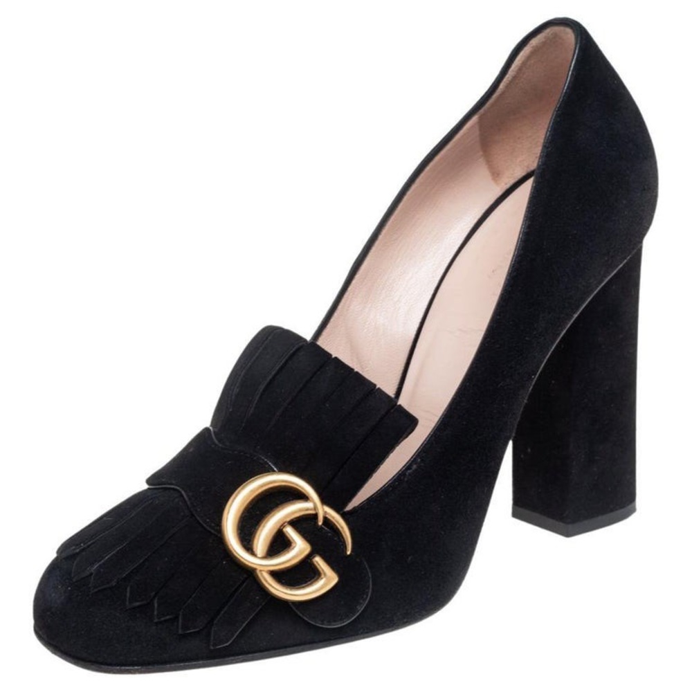 Gucci Fringe Suede Marmont Heeled Logo Pumps